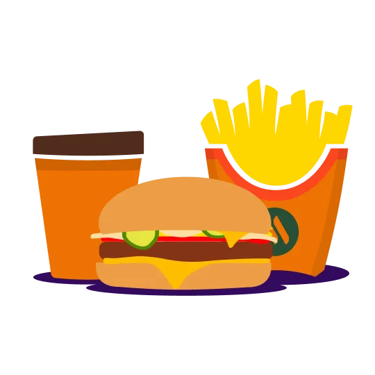 Схематичное изображение бургера, картошки фри и кофе