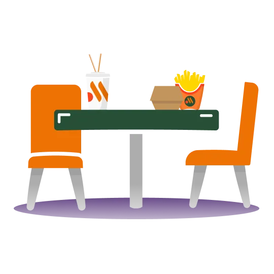 Схематичное изображение стола в ПБО, на нем напиток, картошки фри и коробка с бургером