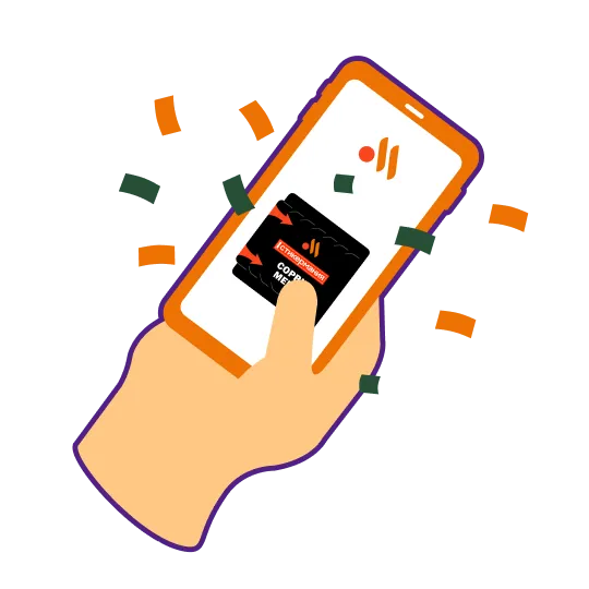 Схематичное изображение смартфона в руке, с логотипом "Вкусно - и точка" и Стикерманией, срывается стикер